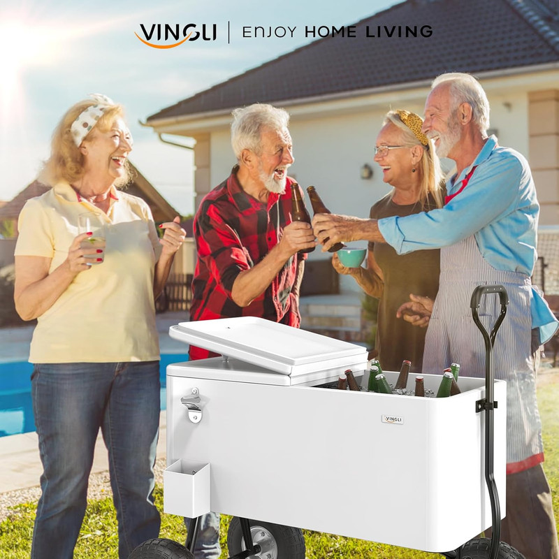 VINGLI 80 Quart Wagon Rolling Cooler Ice Chest, W/Long Handle and 10" Wheels, Po gallery