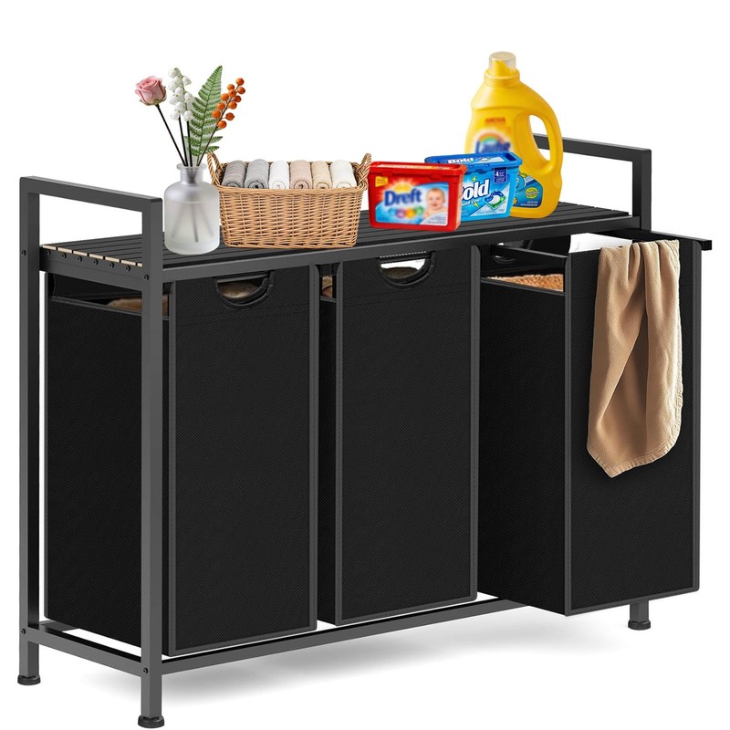 Laundry Sorter with 3 Pull-Out Removable Oxford Fabric Black Bags Laundry Basket gallery