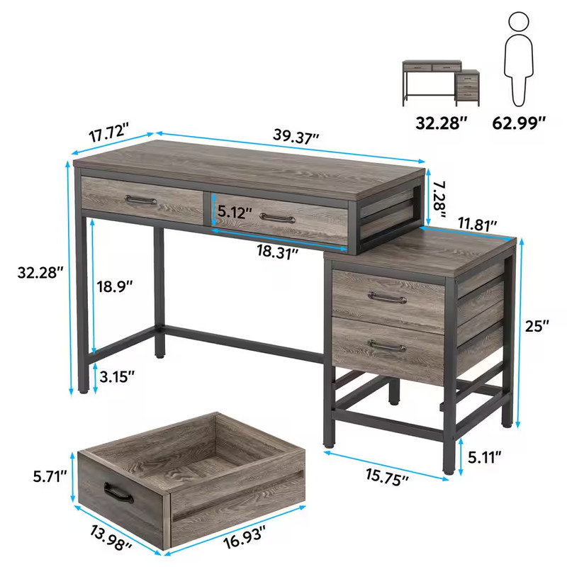 Cassey 51 In. Rectangular Industrial Gray Wood 5-Drawer Computer Desk, Reversibl gallery