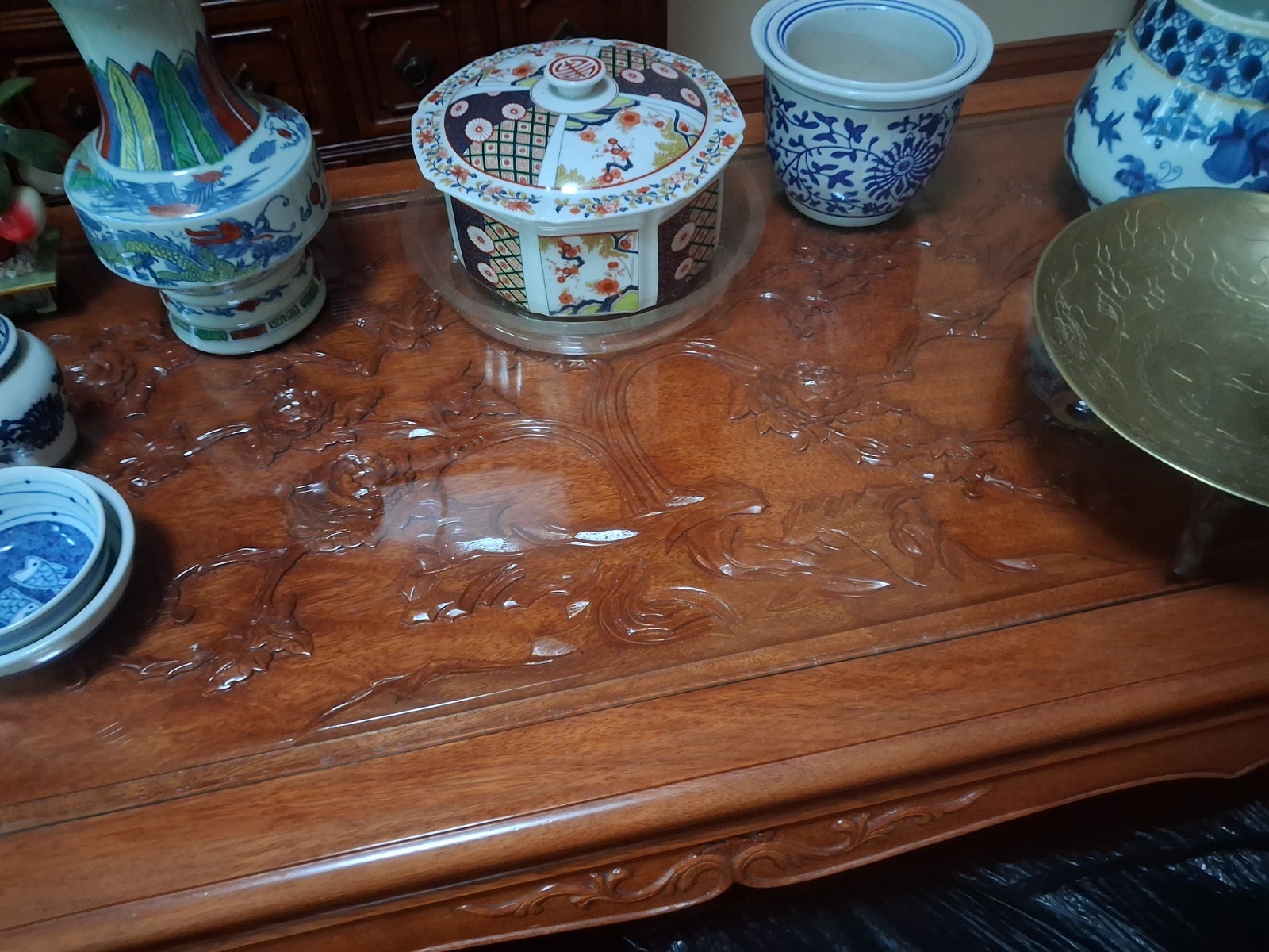 Custom Hand Crafted Solid Rosewood Coffee Table with Glass Top and Carvings gallery