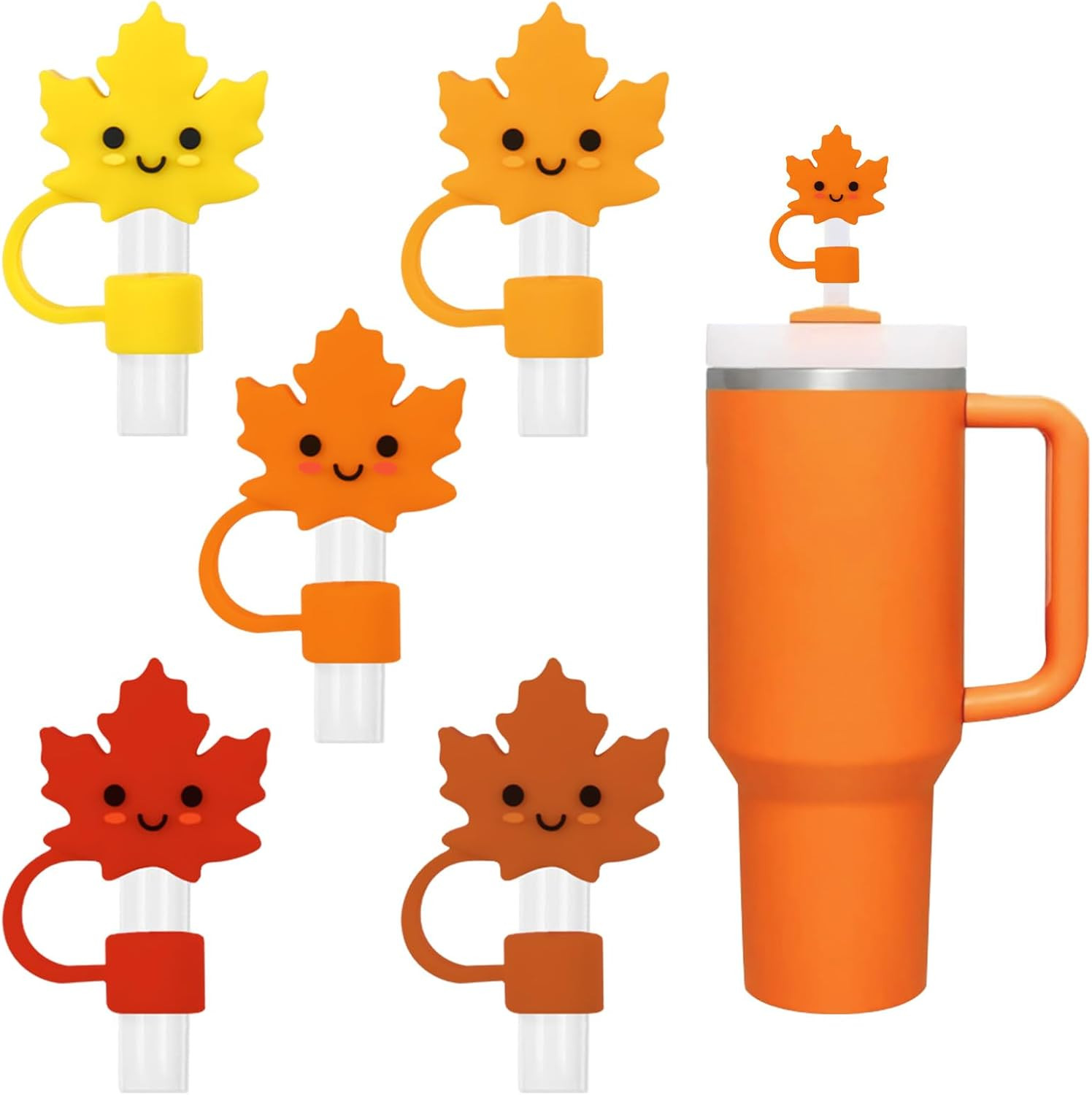5Pcs Fall Straw Cover Cap Orange Yellow Brown Maple Leaf Reusable Silicone Straw gallery