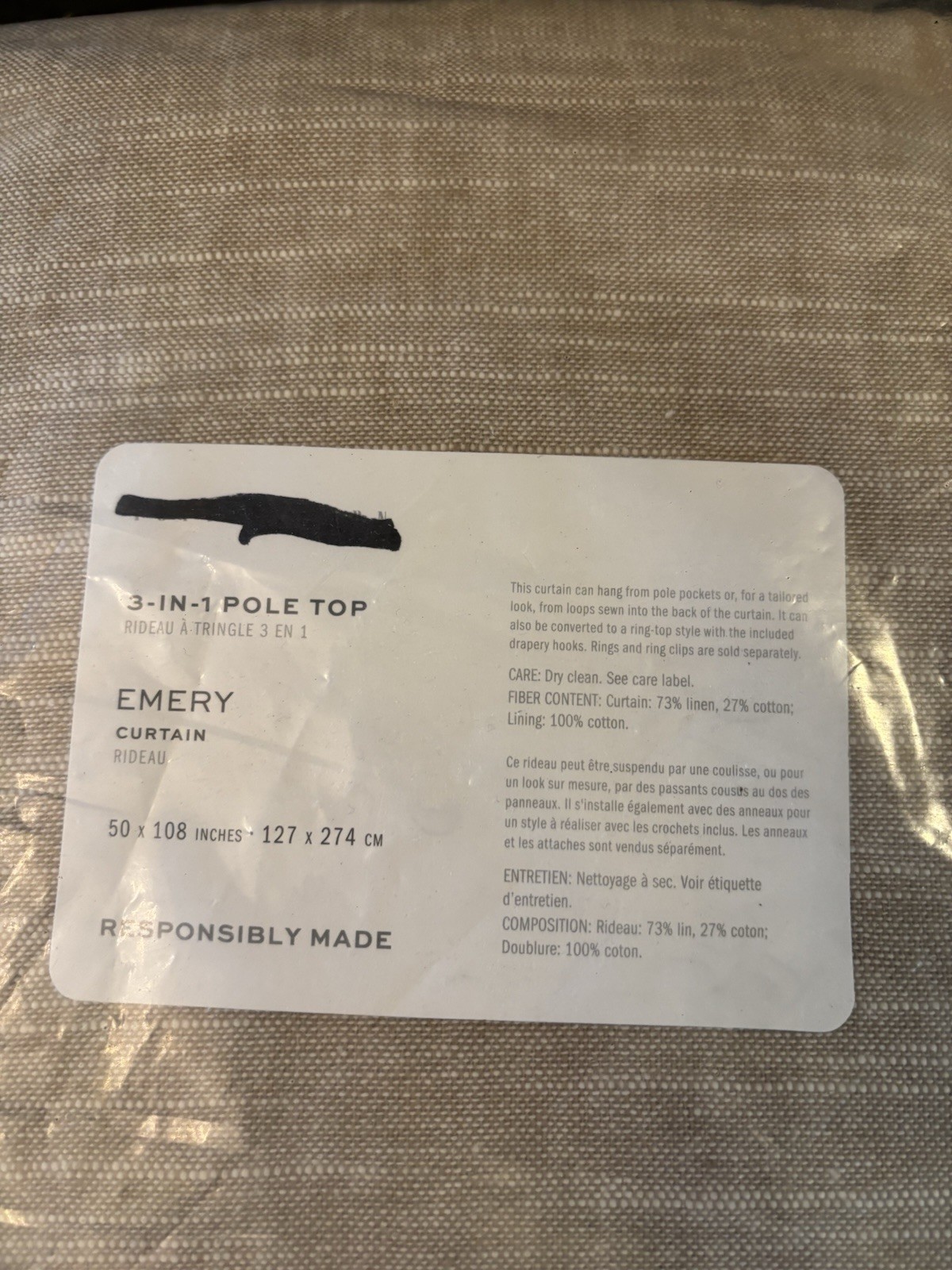 Pottery Barn Emery Linen Light Filter Curtains, Set Of 2, 50" x 108" Oatmeal NWT gallery