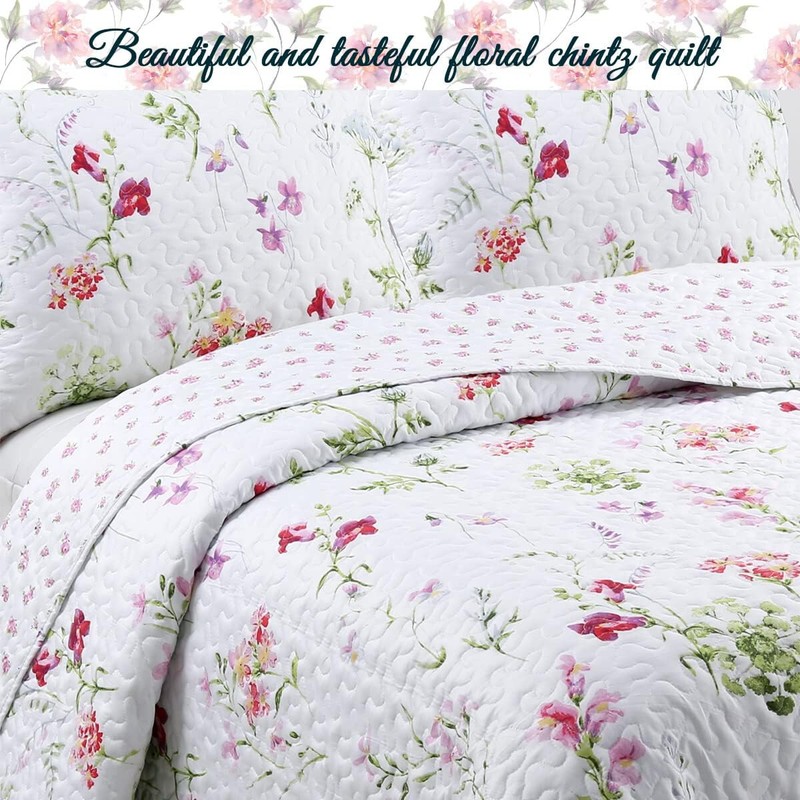 SPRING GARDEN 3pc Queen QUILT SET : COTTAGE PINK COZY CHIC SHABBY ROSE FLOWERS gallery