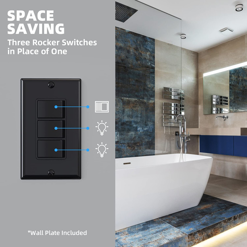 Decorator Triple Rocker Switch, Single Pole Electrical Paddle, 15A 120V In-Wall gallery