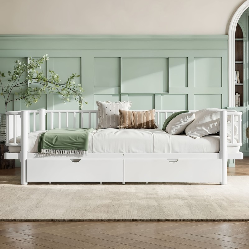 Queen Size Metal MDF Platform Bed Frame Daybed Slatted W/ Storage Drawers White gallery