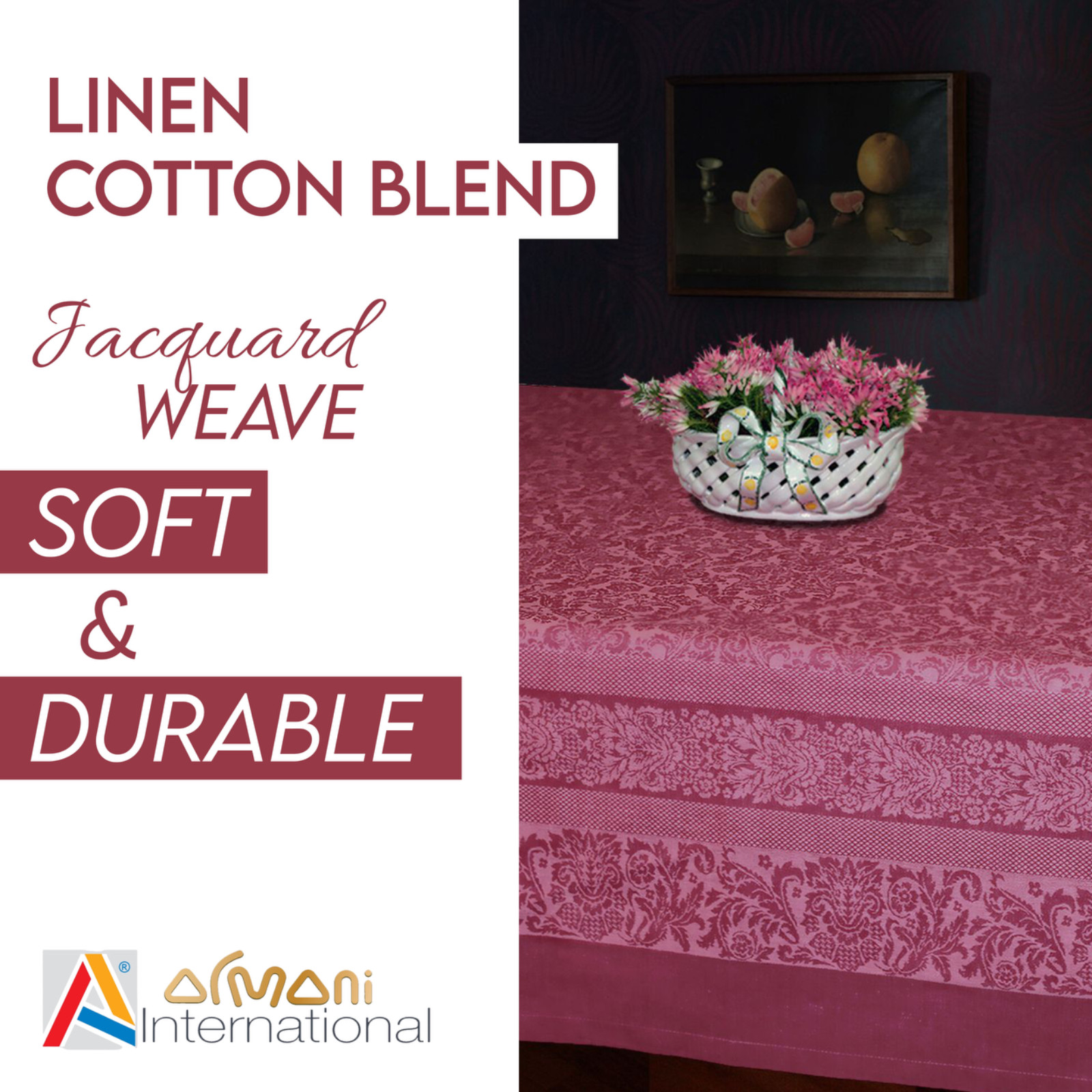 Linen Cotton Tablecloth 70 x 90 Inch Rectangle – Scarlet Red Jacquard Floral gallery