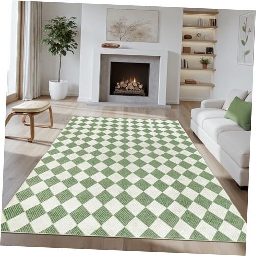 Washable Green Checkered Rug 5x7, Non-Slip Low Pile 5 x 7 ft Green Diamond gallery