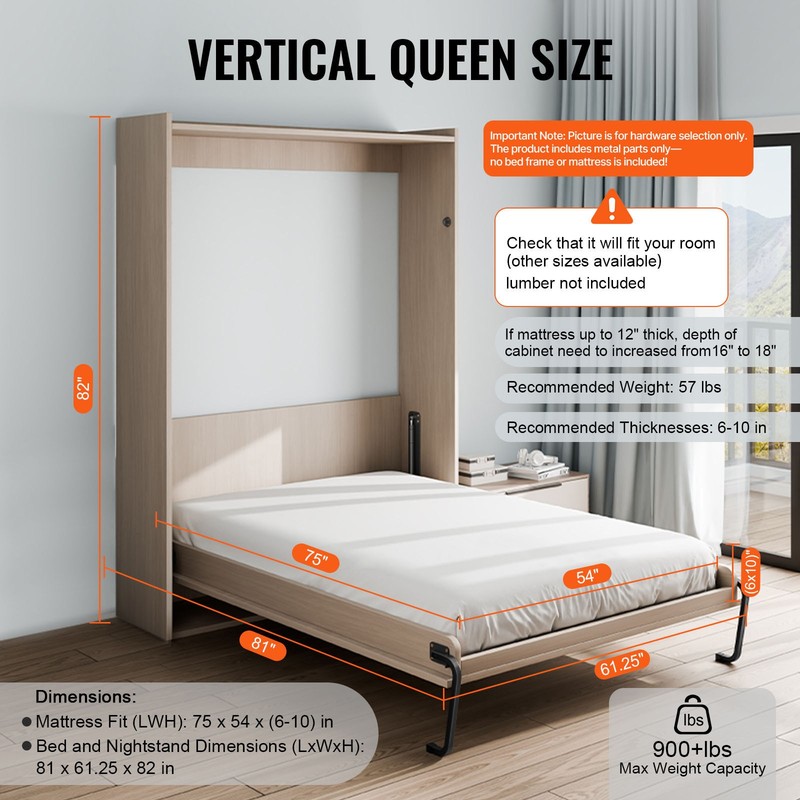 VEVOR Murphy Bed Kit Full Size Vertical Deluxe DIY Wall Bed Hardware Folding gallery