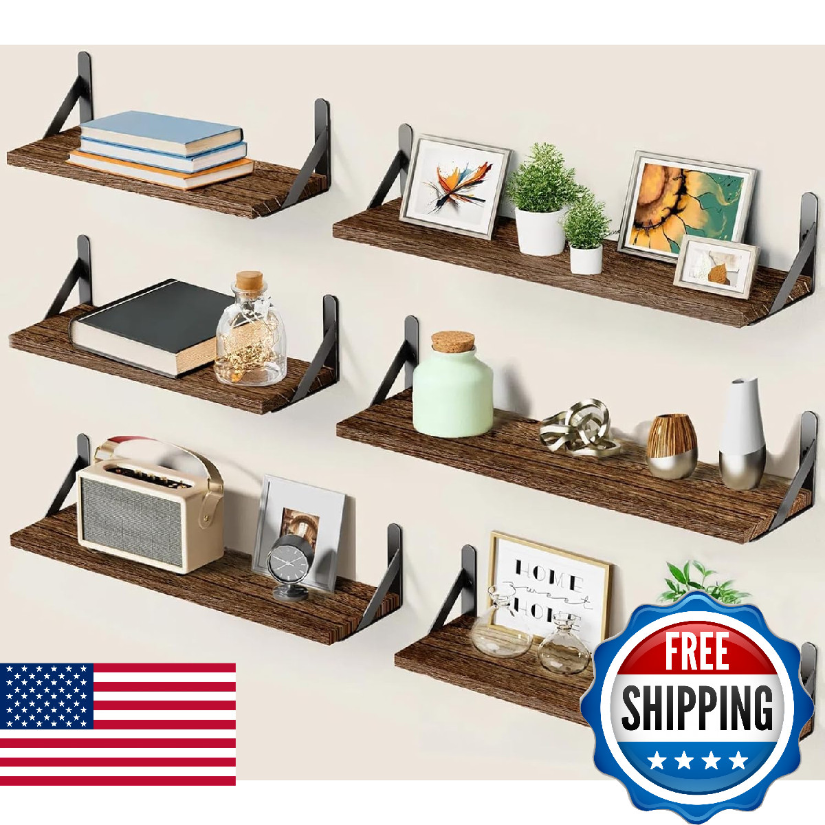 AMADA HOMEFURNISHING Long Wall Shelves, Rustic Farmhouse Style, Wood Floating Sh gallery
