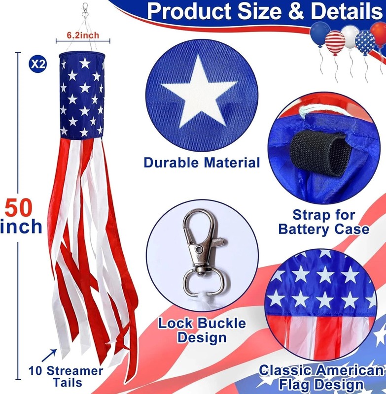 2 Pack 50 Inch Large American Flag Windsock with Lights 4Th of July Decorations, gallery