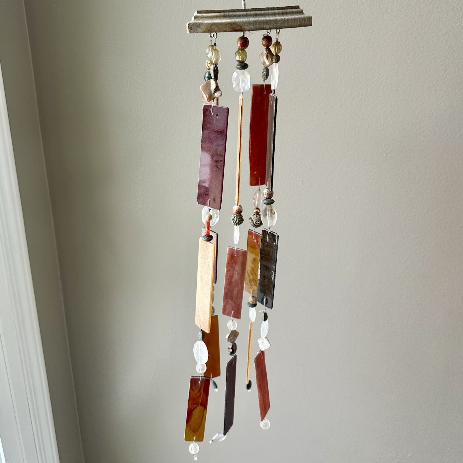 Colorful Stained Glass Sun Catcher Wind Chime Handmade Brown Red Tan Boho 24” gallery