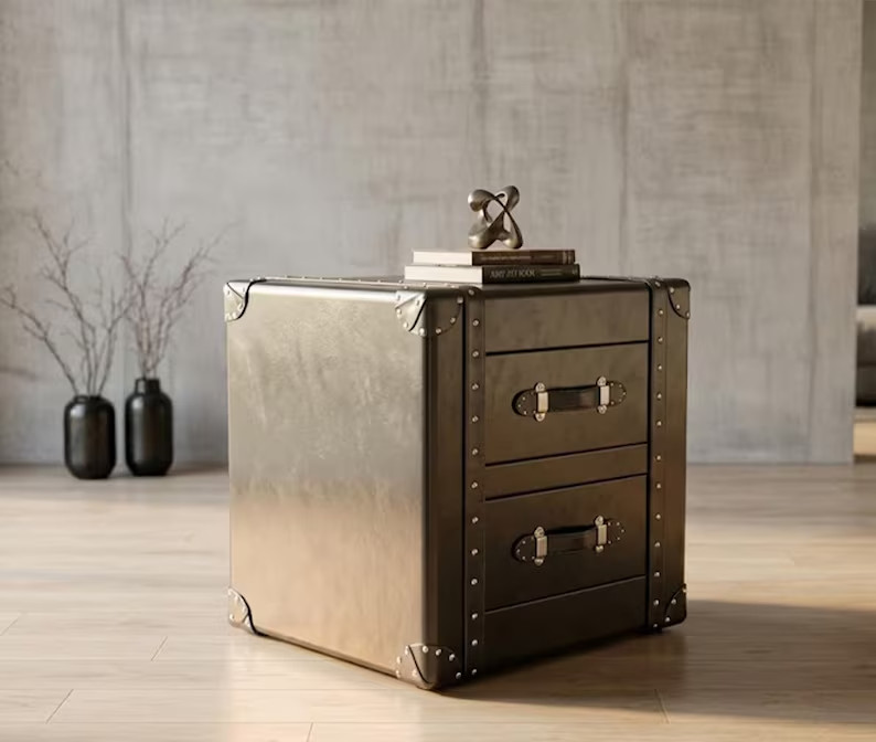 Black Aviator Side Table with 2 Drawers Aluminum Stool for home office Decor gallery