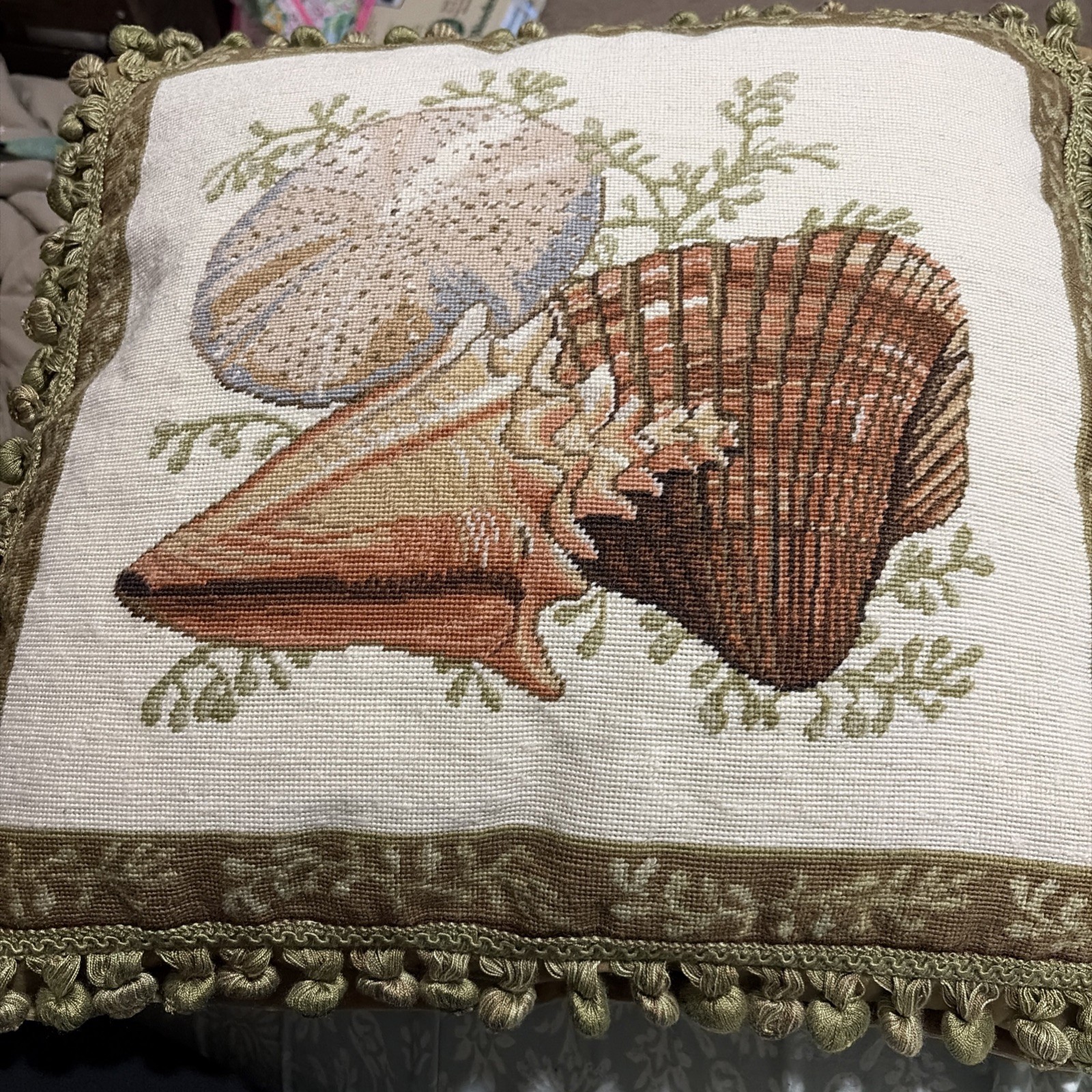 Seashell Needlepoint Pillow Green Tassles Sand Tan Wool W/insert 18x20” gallery