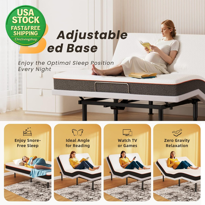 Electric Queen Adjustable Bed Frame Wireless Remote Head Foot Incline USB Light gallery