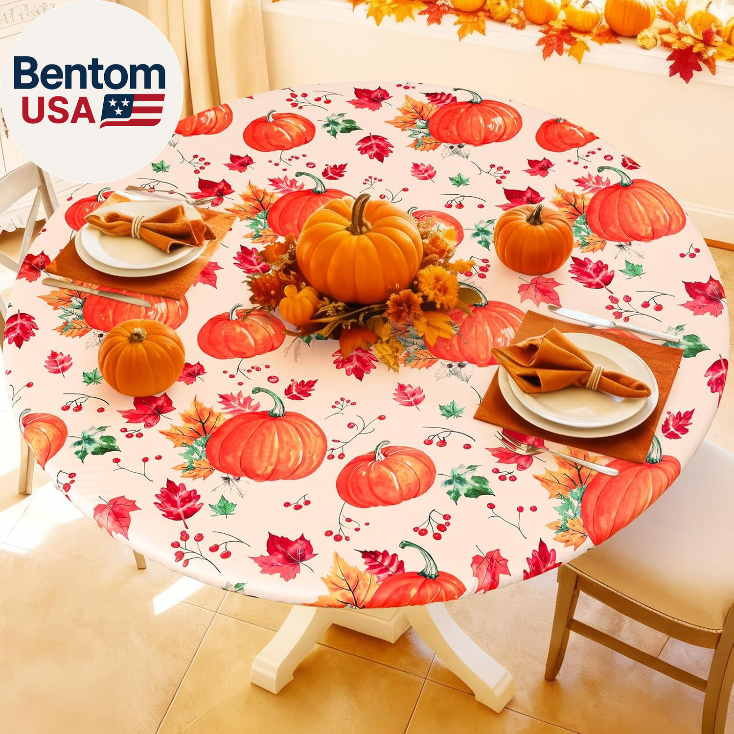 Round Spandex Thanksgiving Tablecloth, Elastic Fitted Waterproof Tablecloths for gallery