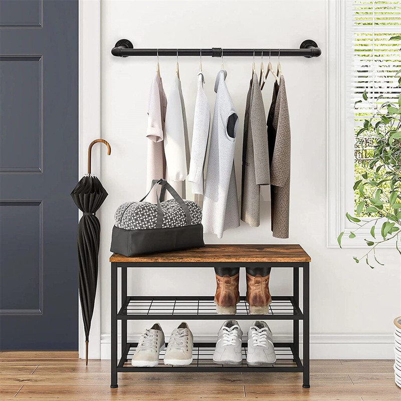 2pcs Wall Mount Pipe Clothes Rack Heavy Duty Black Garment Hanging Bar 4pcs Hook gallery