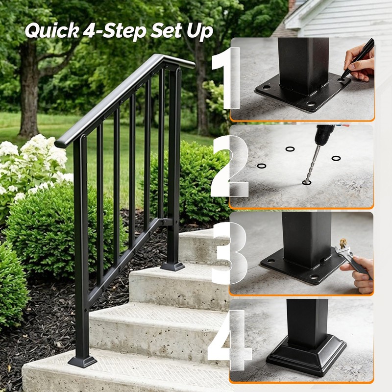 Outdoor Step Handrails Fits 2 to 3 Steps, Heavy Duty Wrought Iron gallery