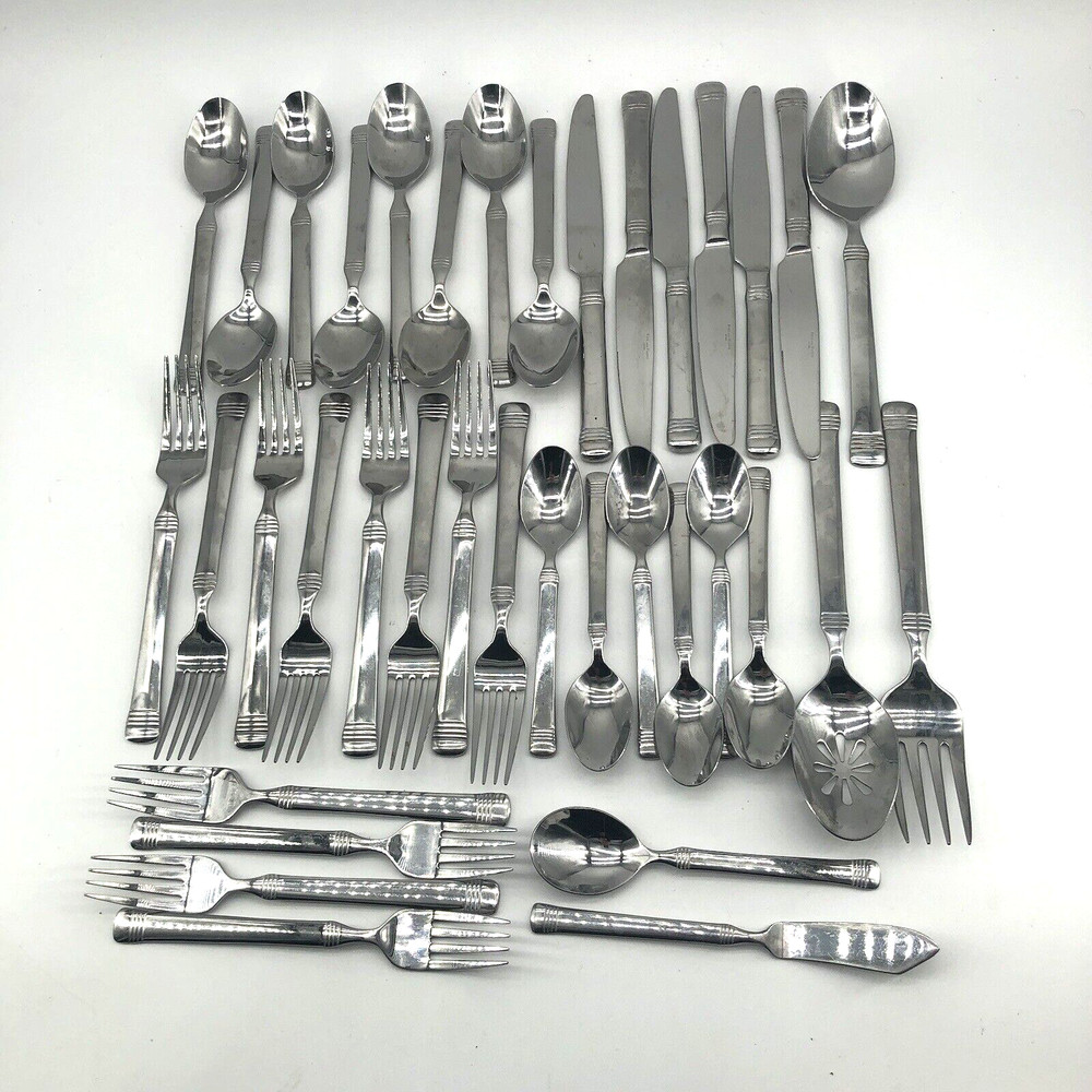 FITZ & FLOYD Everyday Bistro Flatware Band 37 pc Lot Stainless Steel