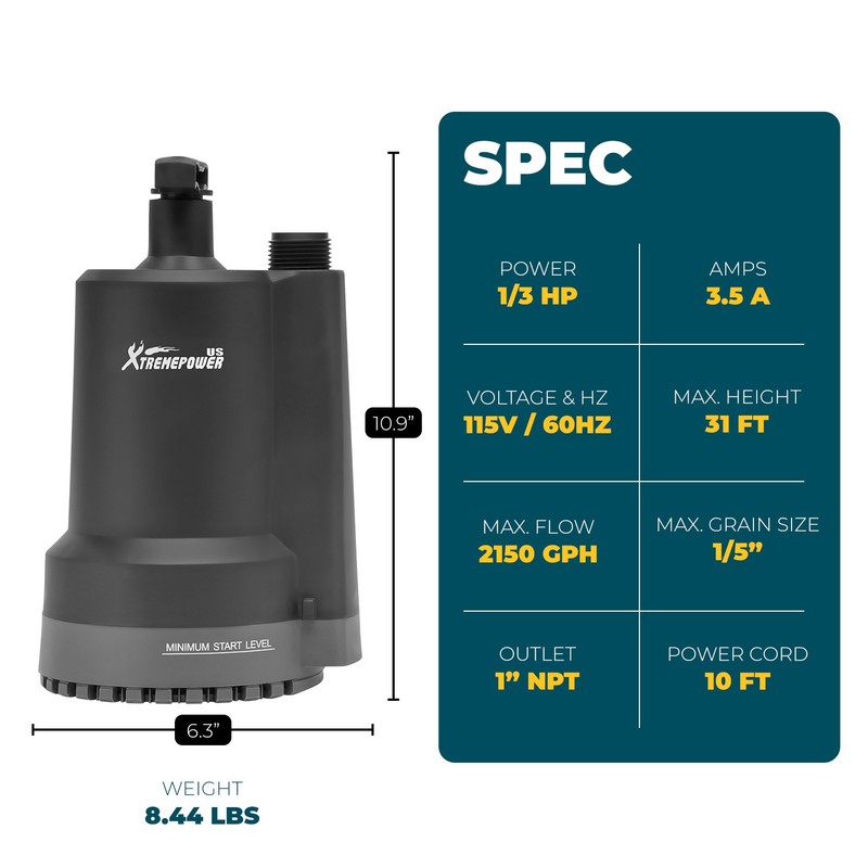 XtremepowerUS 1/3HP Submersible Utility Pump Sub Pump 2150GPH 31ft Lift Height gallery