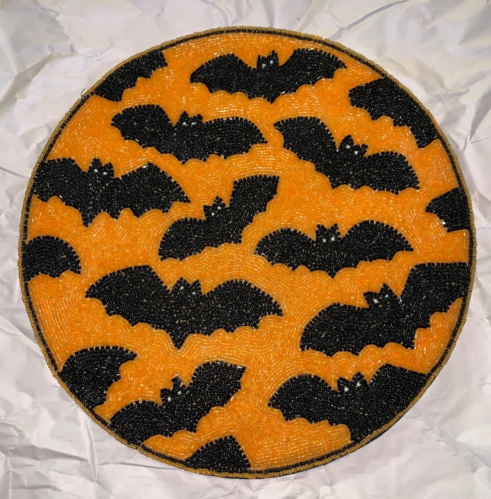 Max Studio Orange Black Bats Round Beaded Charger Placemat NEW 15” Halloween