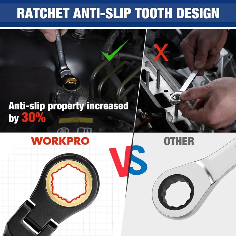 WORKPRO 8PC Flex Head Ratcheting Wrench Set Metric 8-17mm Anti-slip Set 72-Teeth gallery
