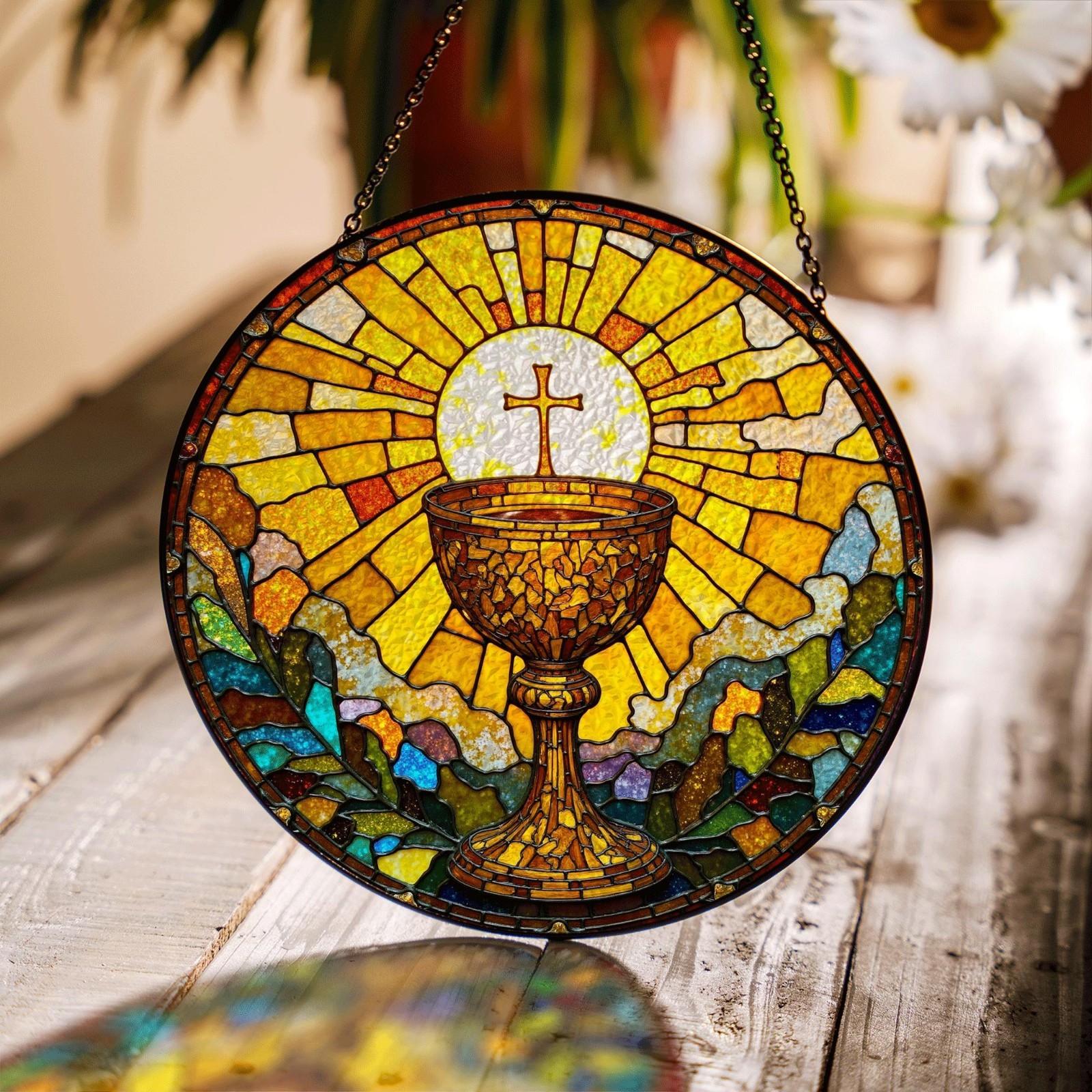 Holy Eucharist Chalice Sun Rays Suncatcher Stained Glass Window Decor Catholic gallery