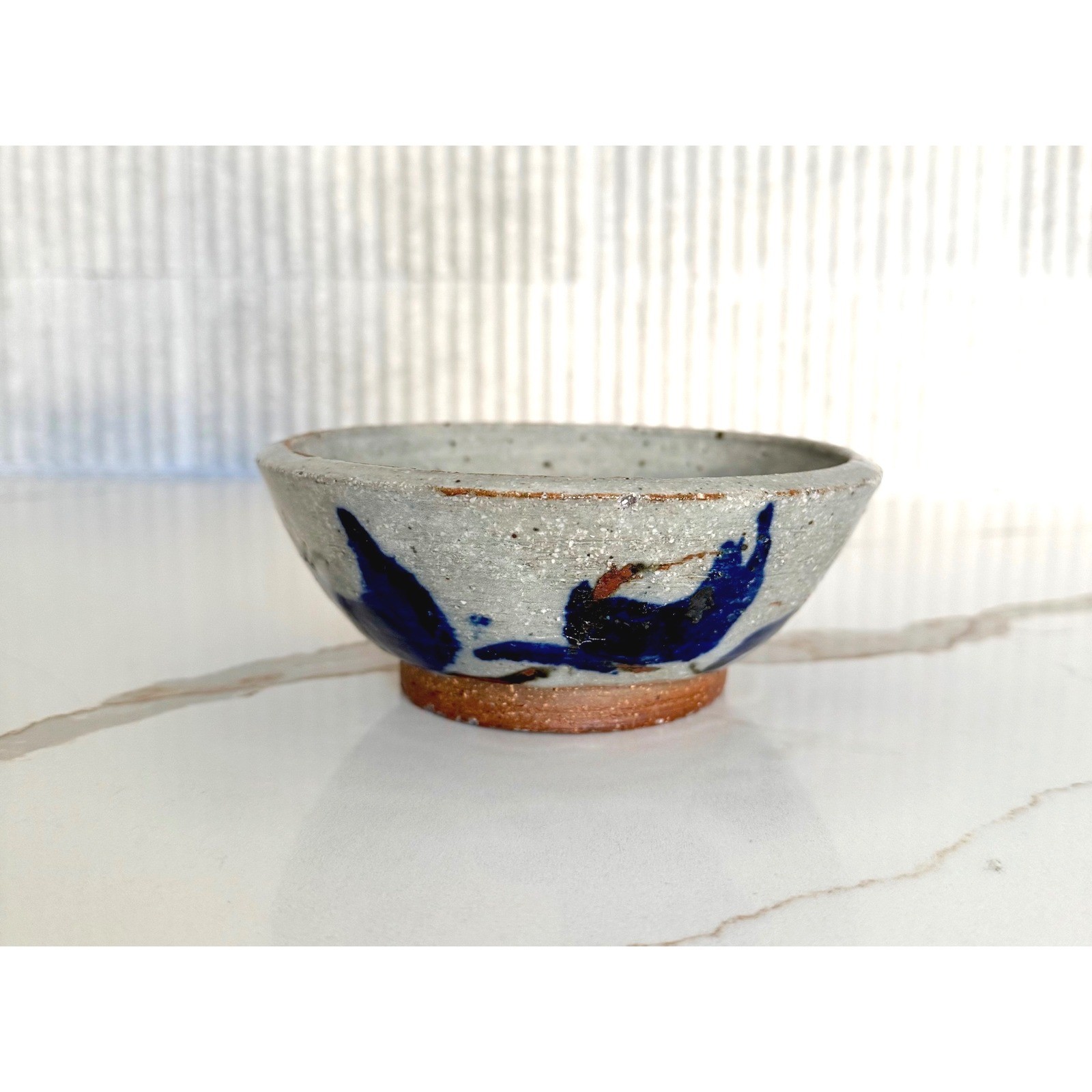 Vintage Handmade Studio Ceramic Bowl Blue Floral Design Rustic Pottery Dish gallery