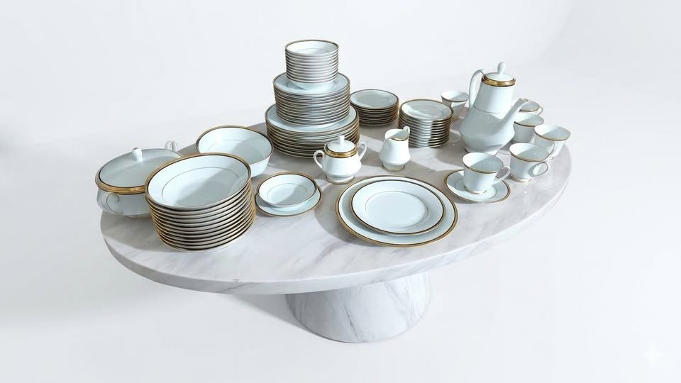 Noritake Elysee White/Gold Rim Fine China. Complete 99 piece set for 12 gallery