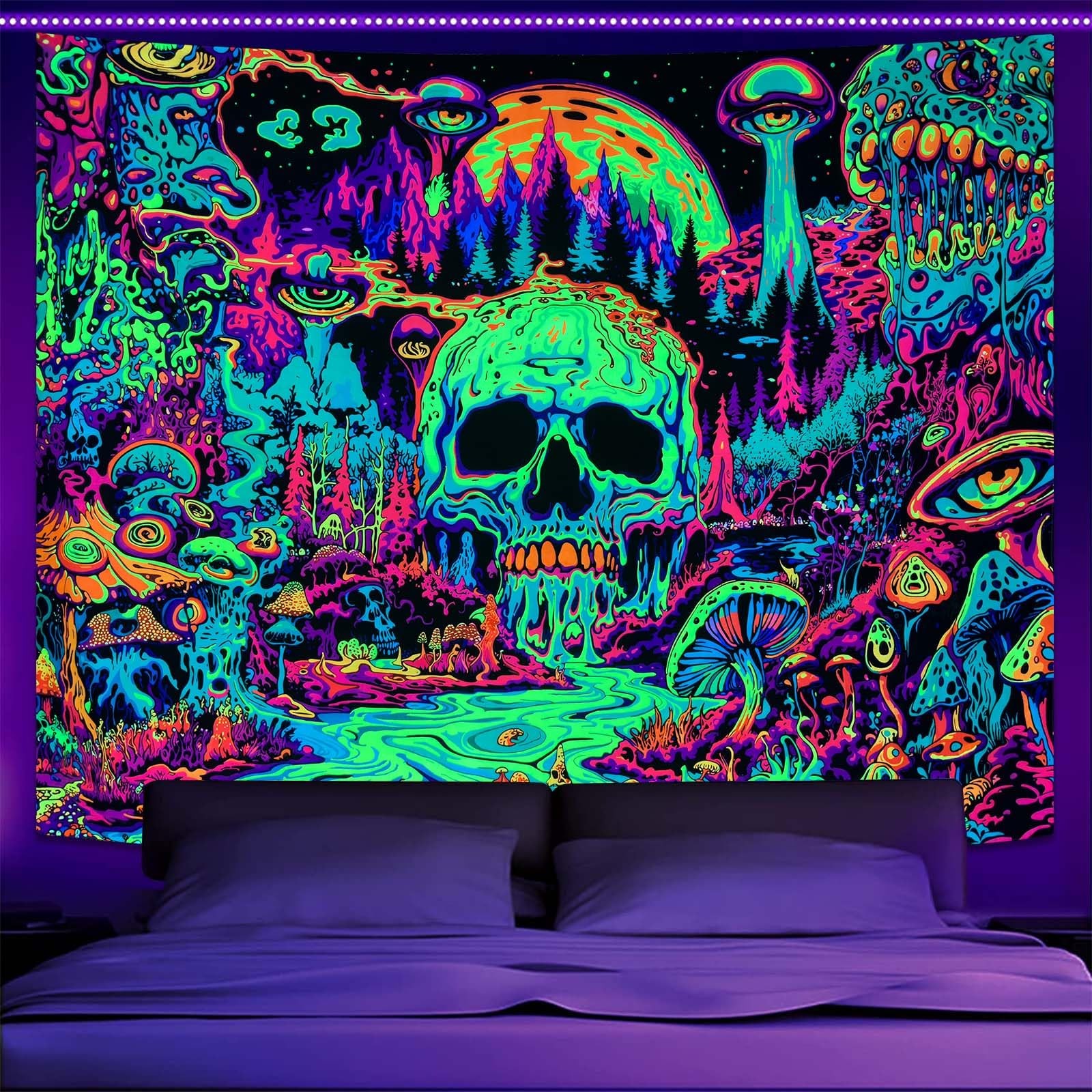 UV Reactive Blacklight Tapestry Hippie Skull Mushroom Trippy Neon Art 48x36 gallery