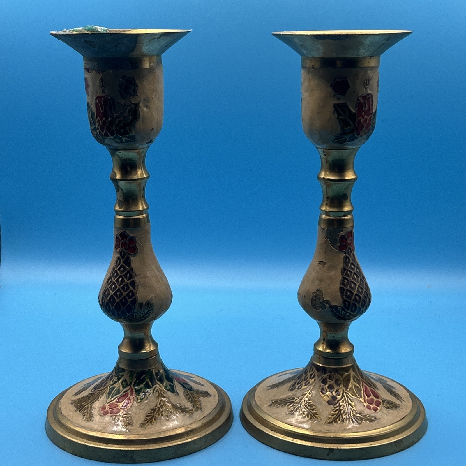 Vtg Brass & Enamel Cloisonne Candlesticks Christmas Holiday MCM Regency 6.25” gallery