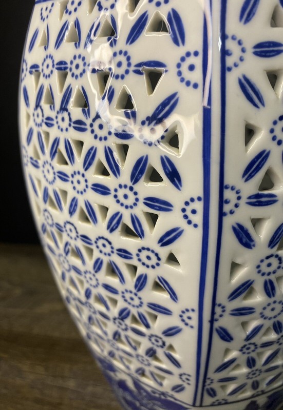 Chinese Blue White Pierced Ceramic Garden Stool Lantern Vase 13.5” Chinoiserie gallery