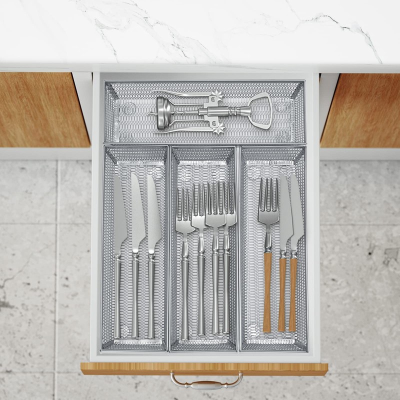 6 PCS 9x3x2 Inch Silver Mesh Silverware Organizer Metal Utensil Tray gallery