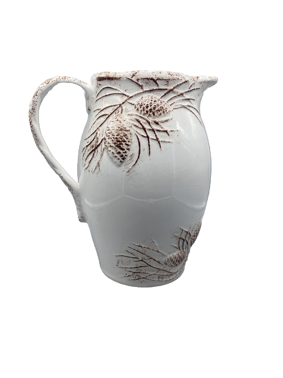 NEW Creative co-op 9"H Dolomite Pitcher with Pine Cones Beige/Terra Cotta gallery