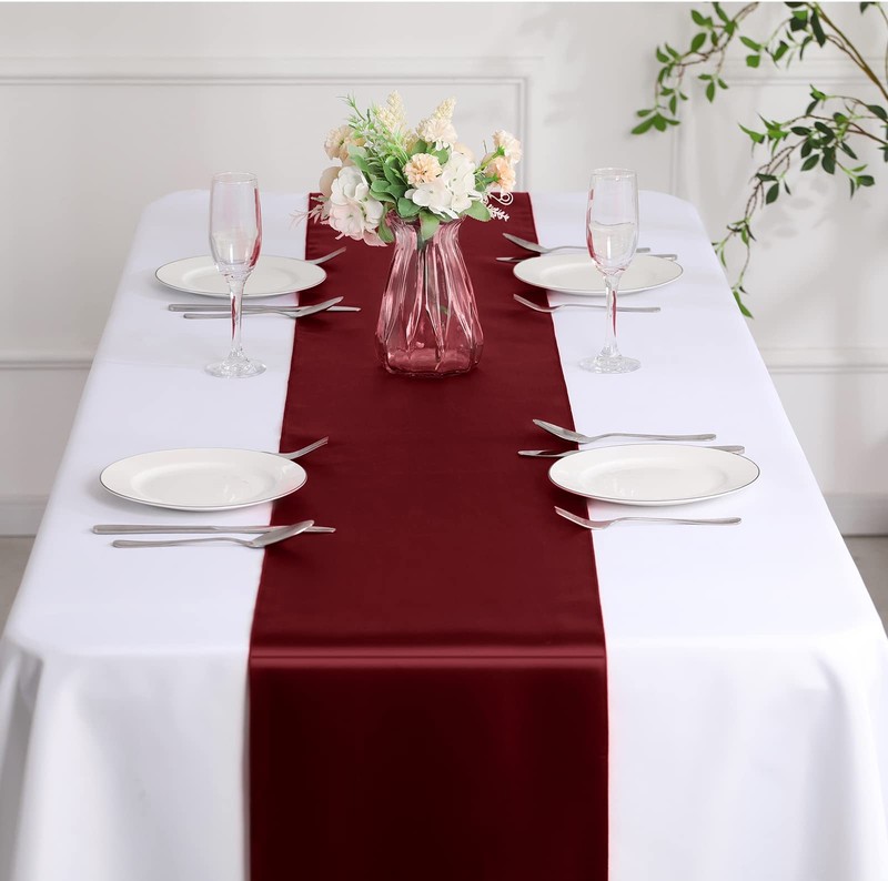 4Pcs Satin Maroon Table Runner - 12 x 108 Inch Long Size, Party Table Runner ... gallery