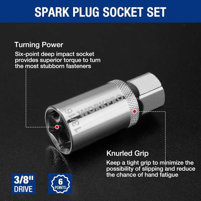 WORKPRO 7 PCS 3/8" Drive Magnetic Swivel Spark Plug Socket Set Thin Wall Sockets gallery