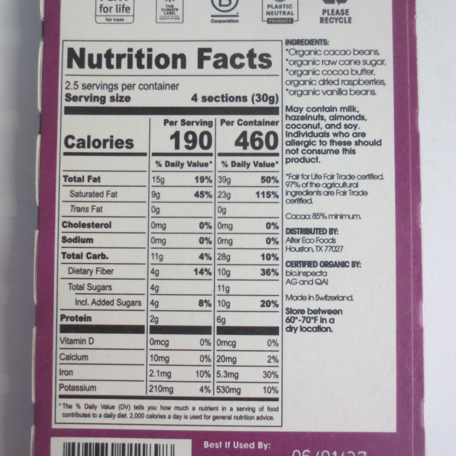 Alter Eco Dark Chocolate Bars 85% Pure Dark Cocoa, Raspberry Blackout - 12 bars gallery