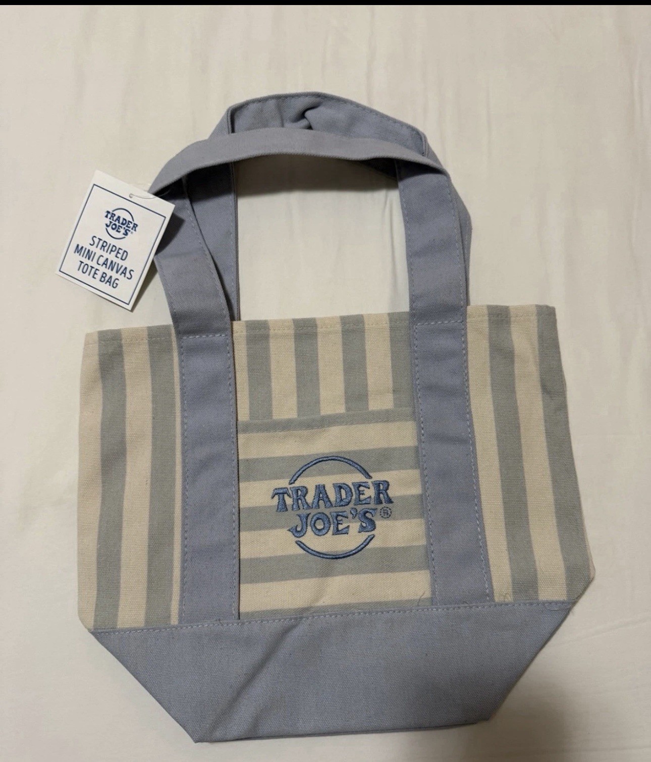 Trader Joe's Limited Mini Canvas Pastel Striped Tote Bag 2026 Blue gallery