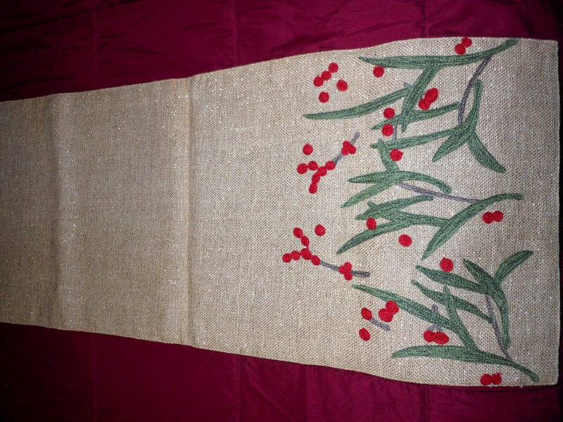 Christmas Table Runner Burlap w/Sparkle Threads Stems & Berries Lined 70" x 14" gallery