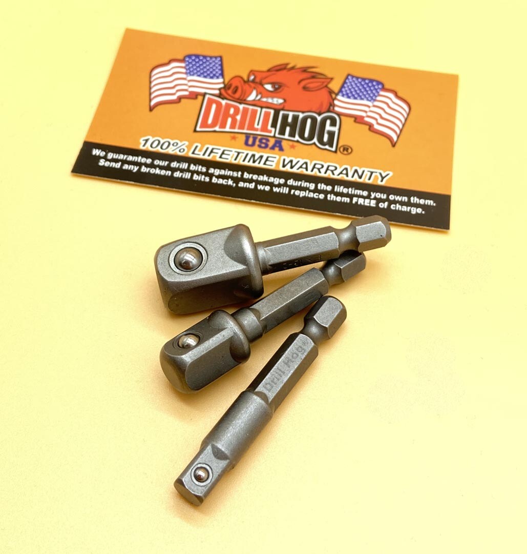 Drill Hog® 1/4", 3/8", 1/2" Socket Adapters Impact Hex Driver Lifetime Warranty gallery