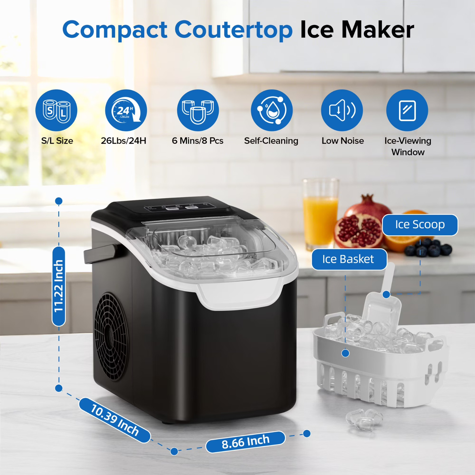 Auseo Ice Maker 26Lbs/24H, 2 Bullet Ice Sizes, 8 Cubes in 6 Min, Black FREE SHIP gallery