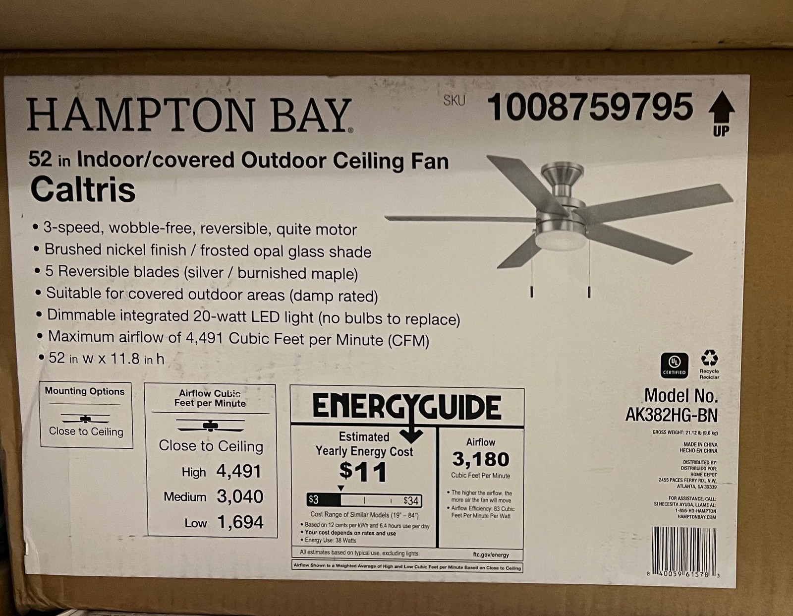 Hampton Bay Caltris 52 in. LED Indoor/Outdoor Brushed Nickel Ceiling Fan New gallery
