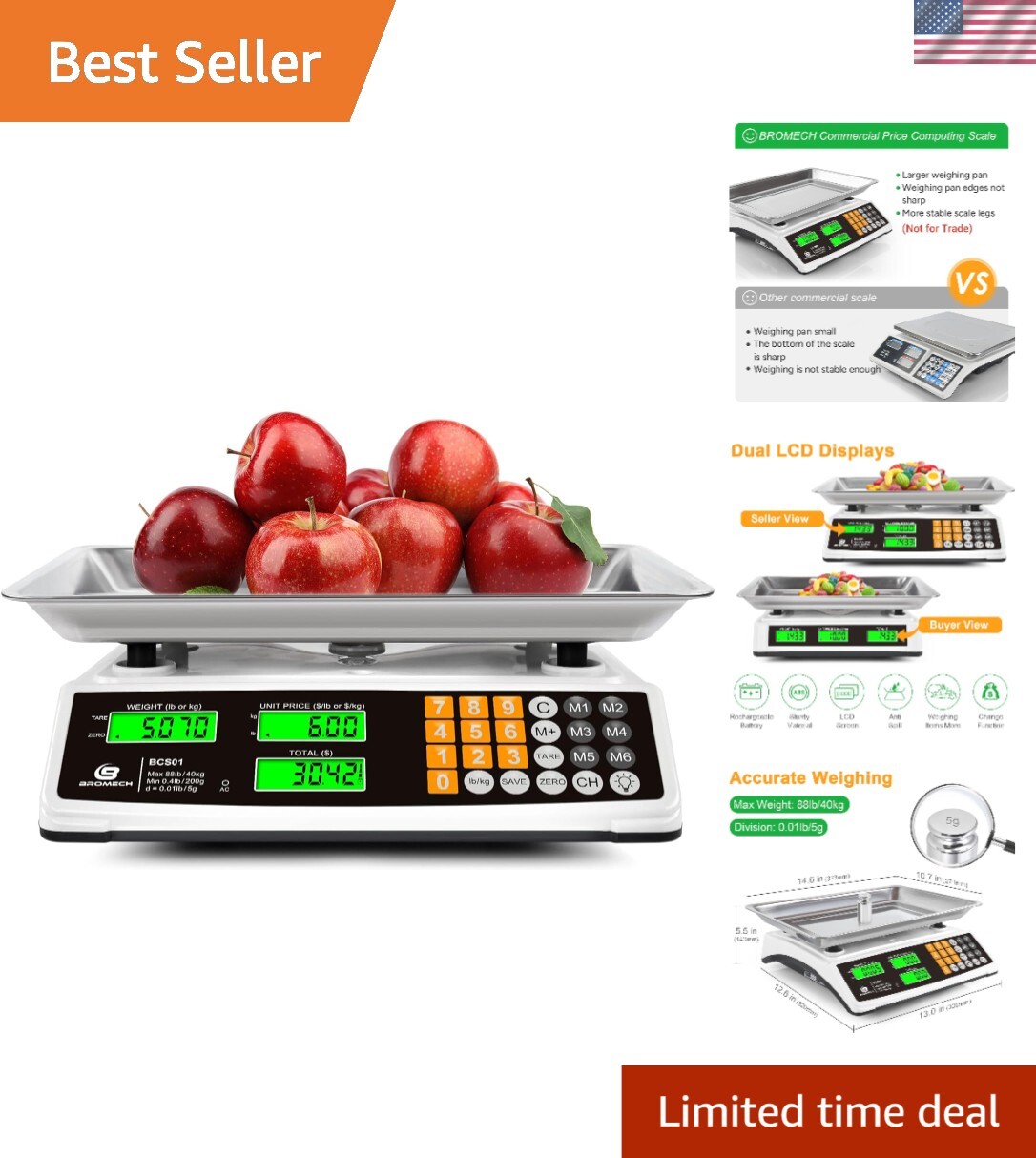Durable 88lb Food Scale with Green Backlight Digital Display for Commercial Use gallery