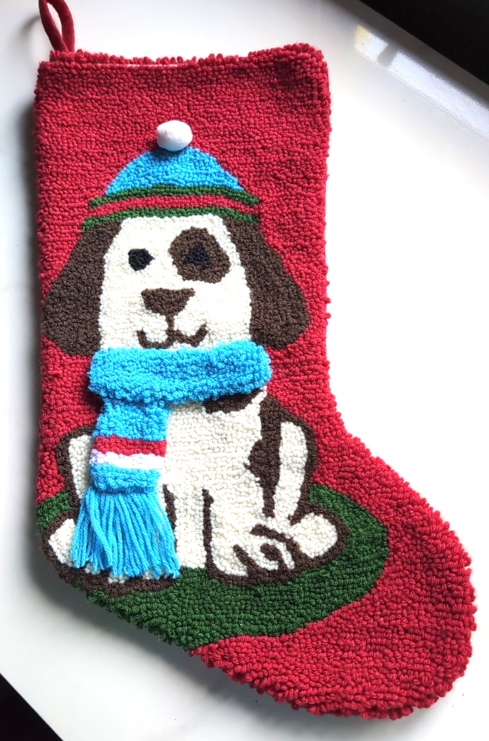 Red Christmas Stocking Needle Punch Dog "Spot" + 3D Pompom & Blue Scarf gallery