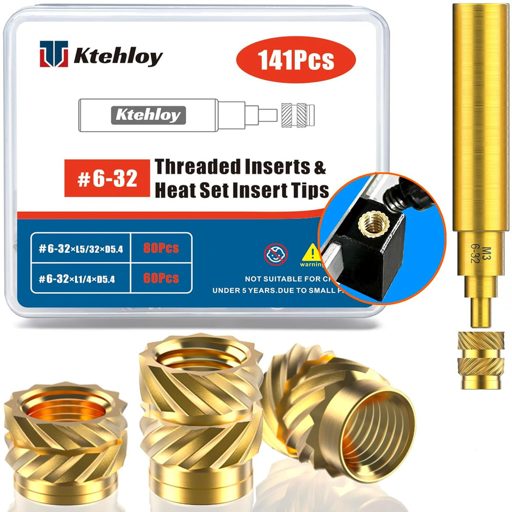 141Pcs #6-32 Brass Threaded Inserts Kit Heat Set for Plastic 3D Print