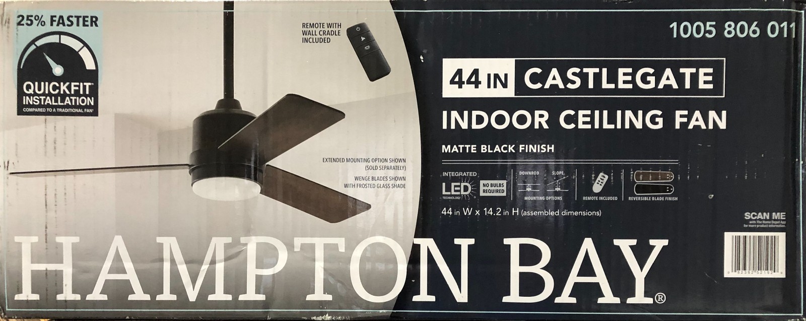 Hampton Bay Castlegate 44 in. Indoor LED Matte Black Ceiling Fan (Open) gallery