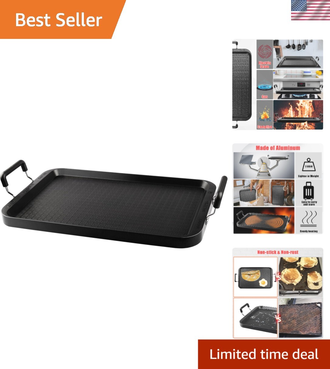 Lightweight 2-Burner Griddle Pan - 17-Inch Non-Warp for Indoor & Outdoor Use gallery