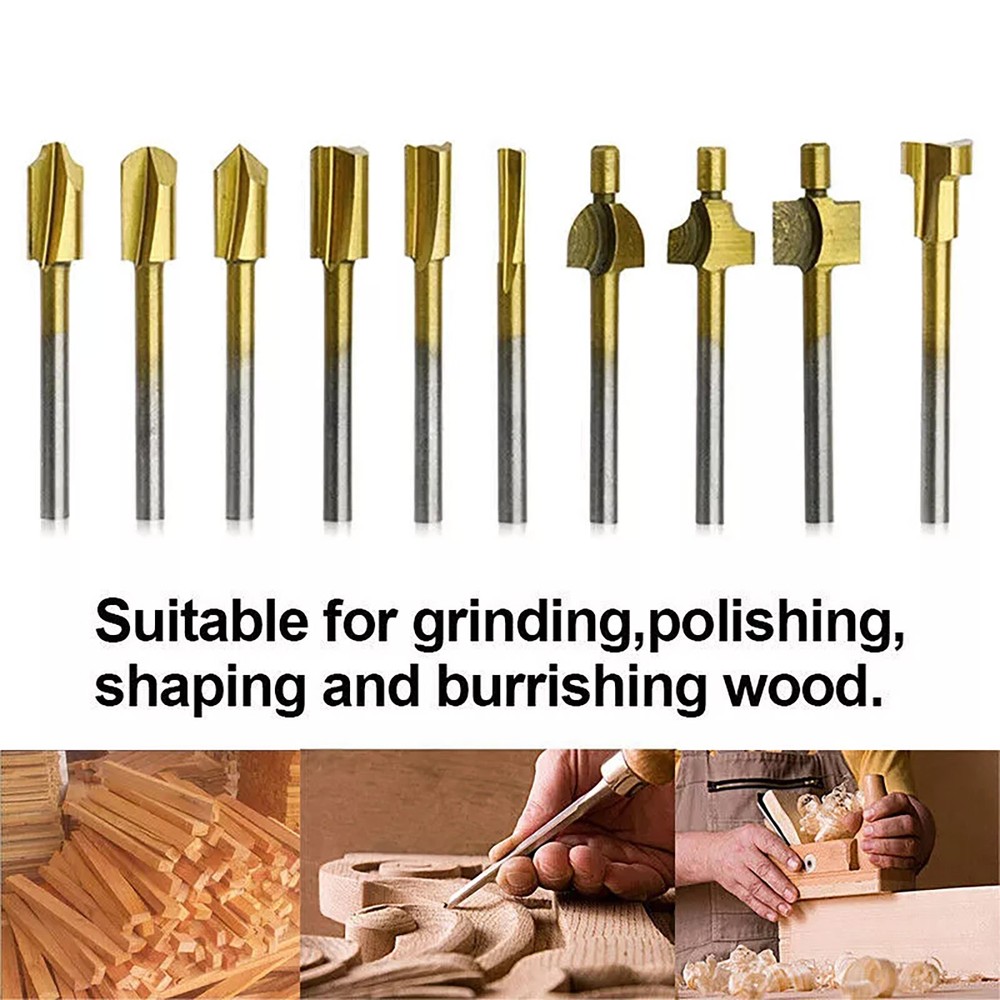 10Pcs 1/8 inch 3MM Titanium Mini Hss Router Bits Trimmer Shank For Rotary Tool