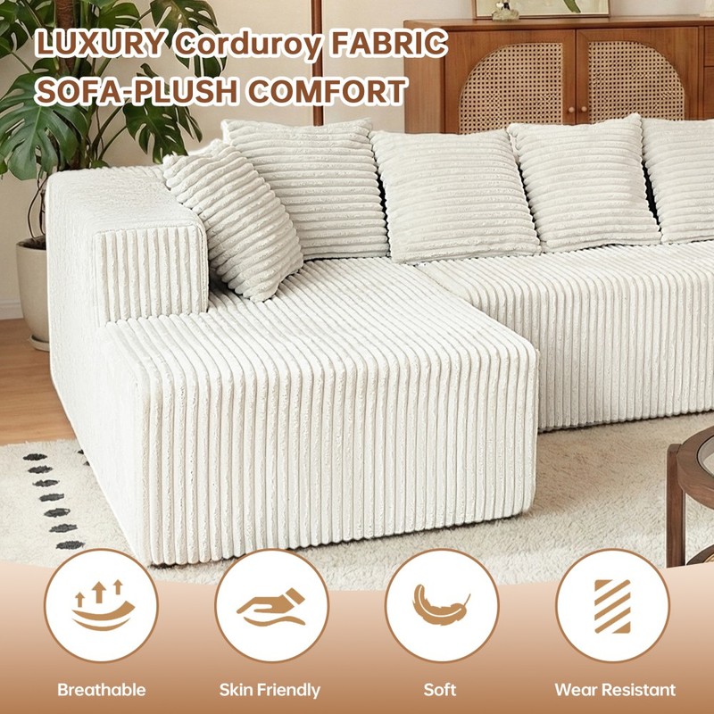 130" Cloud Corduroy U-Shaped Modular Sofa, No Assembly, Beige gallery