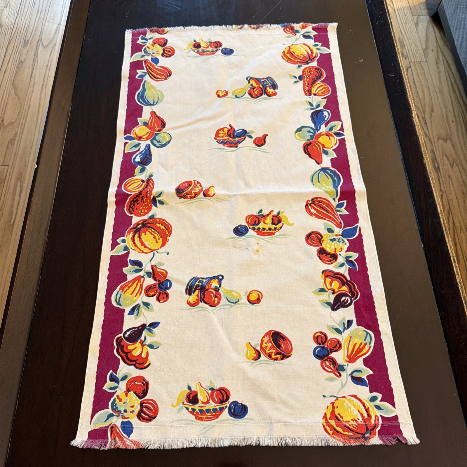 Table Runner Vintage Fruit Vegetables Bowl Maroon Orange Yellow Nice Condition!! gallery