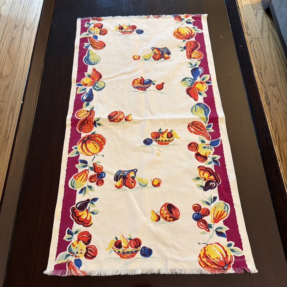 Table Runner Vintage Fruit Vegetables Bowl Maroon Orange Yellow Nice Condition!!